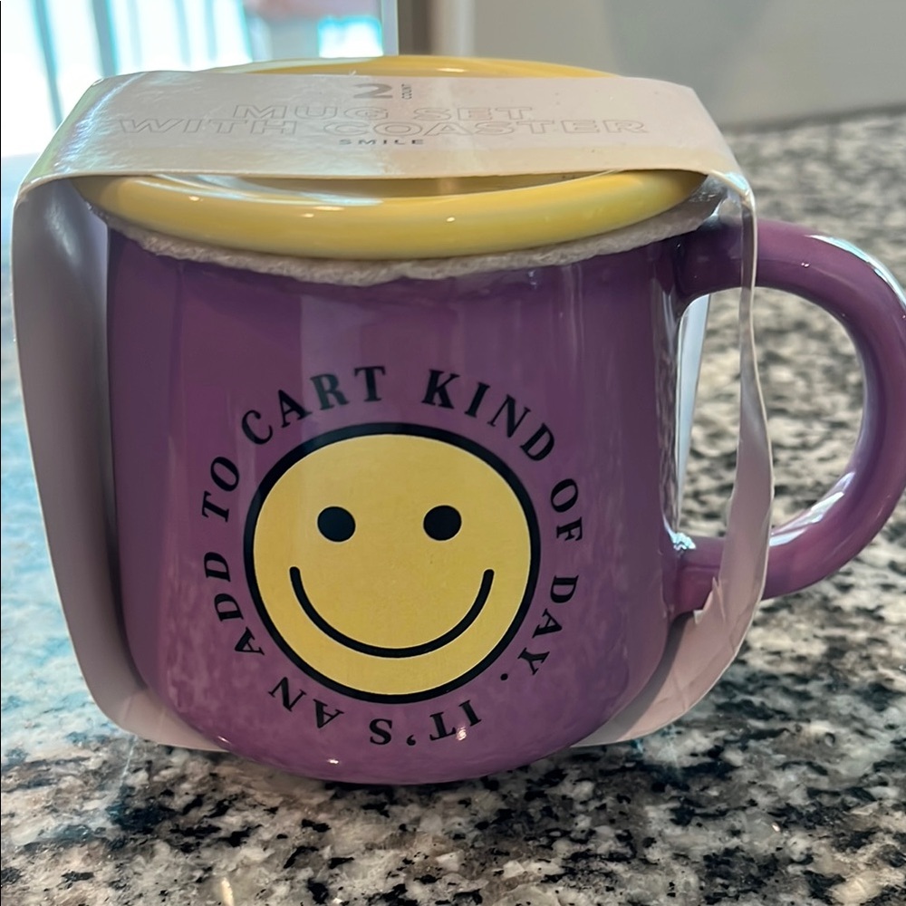 Purple and Yellow Smiley Mug with Coaster